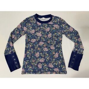 Sundance Floral Thermal Waffle Knit Long Sleeve Top Velvet Size S Aqua Blue